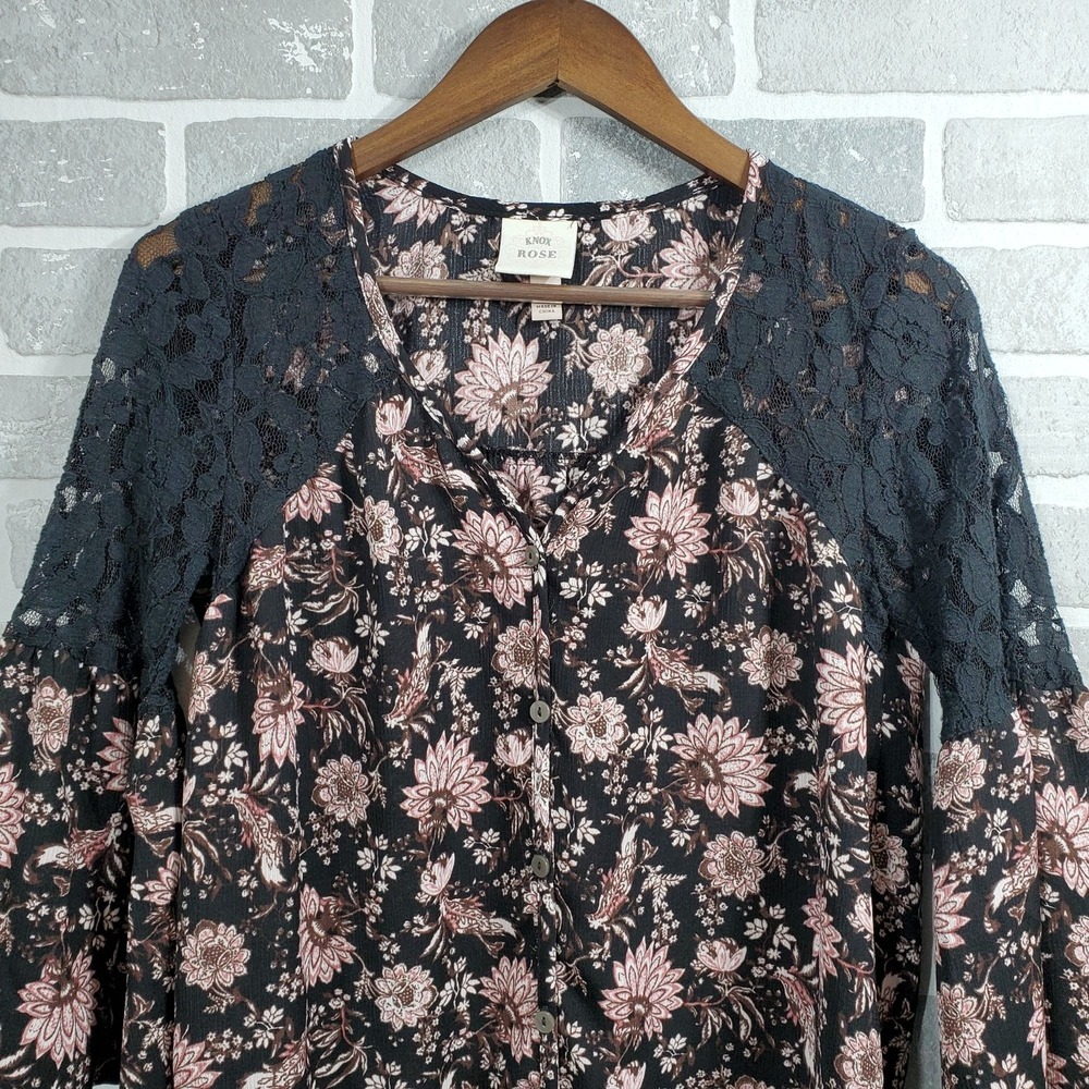 Knox Rose Floral‎ Boho Peasant Blouse XS Black Pink Bell Sleeve Top - Picture 2 of 9